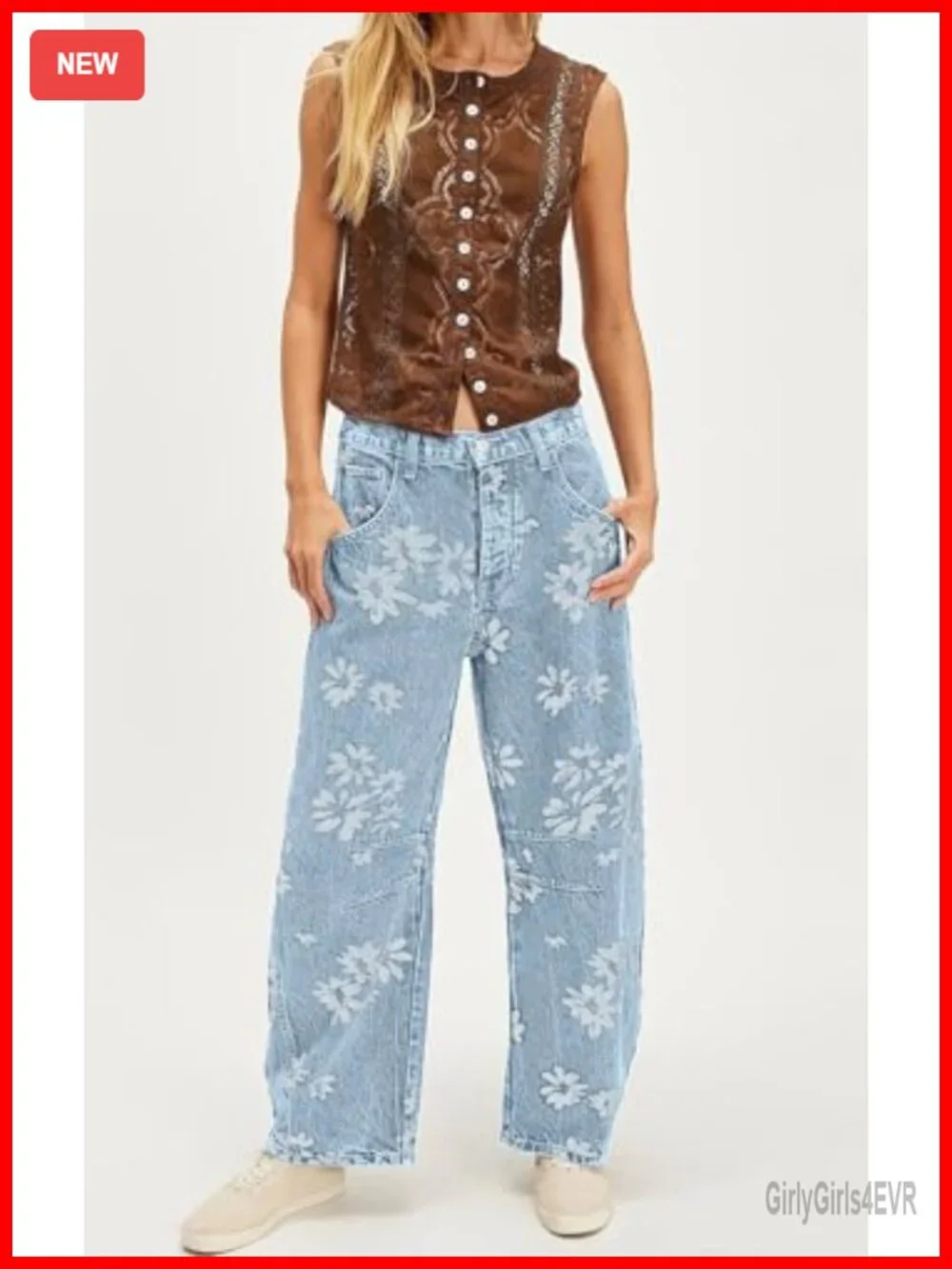 Y2K Baggy Barrel Jeans Women Floral Patchwork Wide Leg Denim Pants
